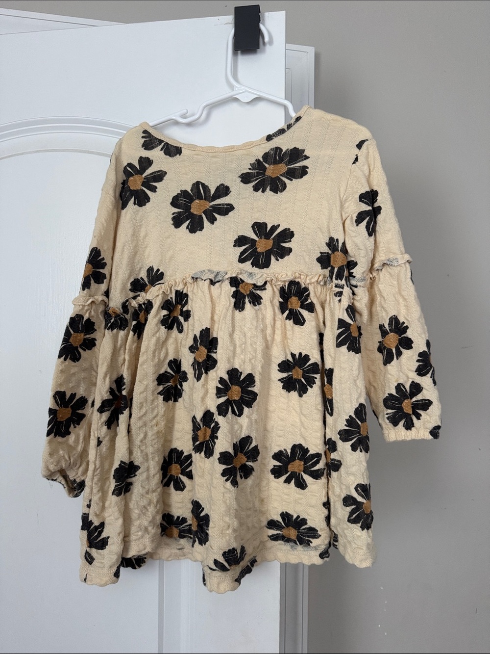 Girls Cream Floral Peasant Dress with Black and Tan Blooms